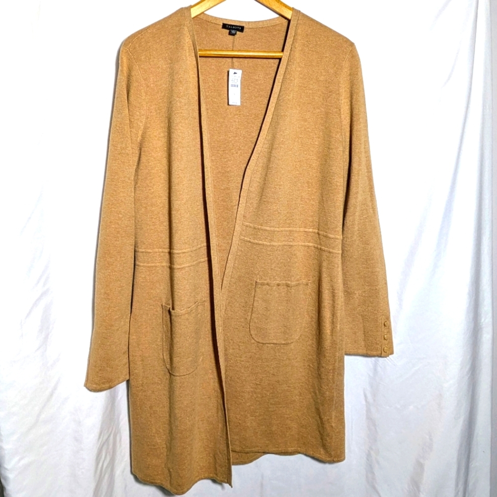 NWT Womens Talbot's Longline, Knit,‎ Open front, Cardigan, Camel/Tan Casual Sz S